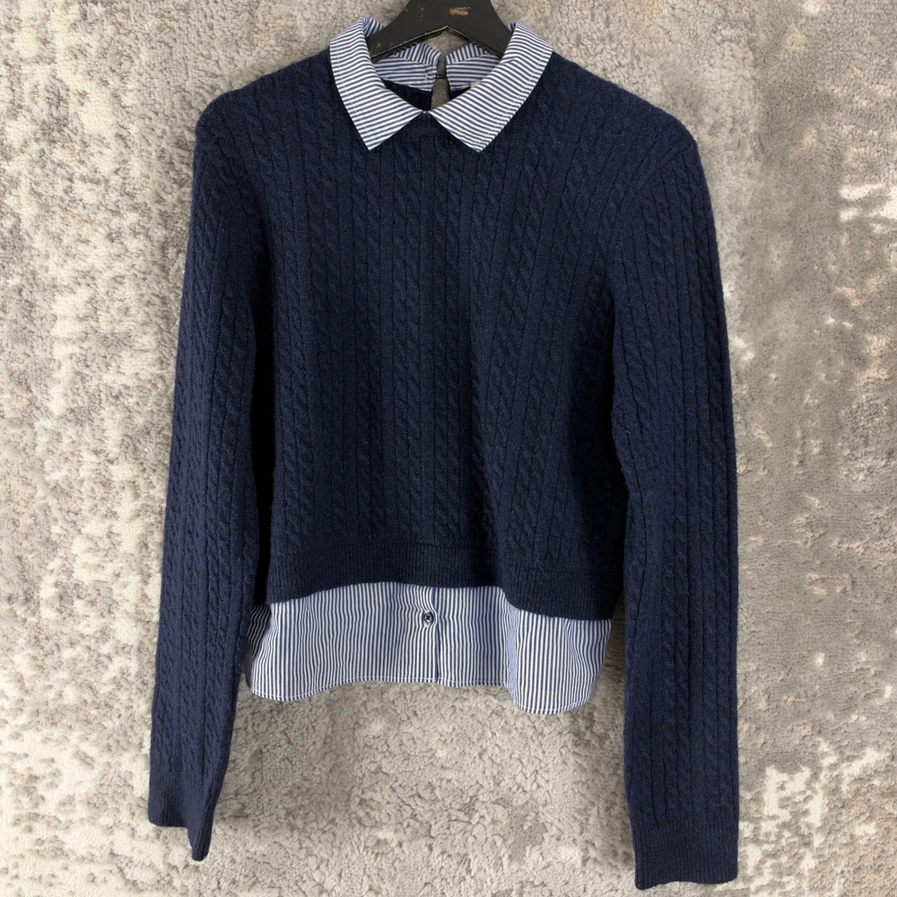 Twik Size S Mixed Media Cable Knit Preppy Sweater Navy Blue Long Sleeve Women